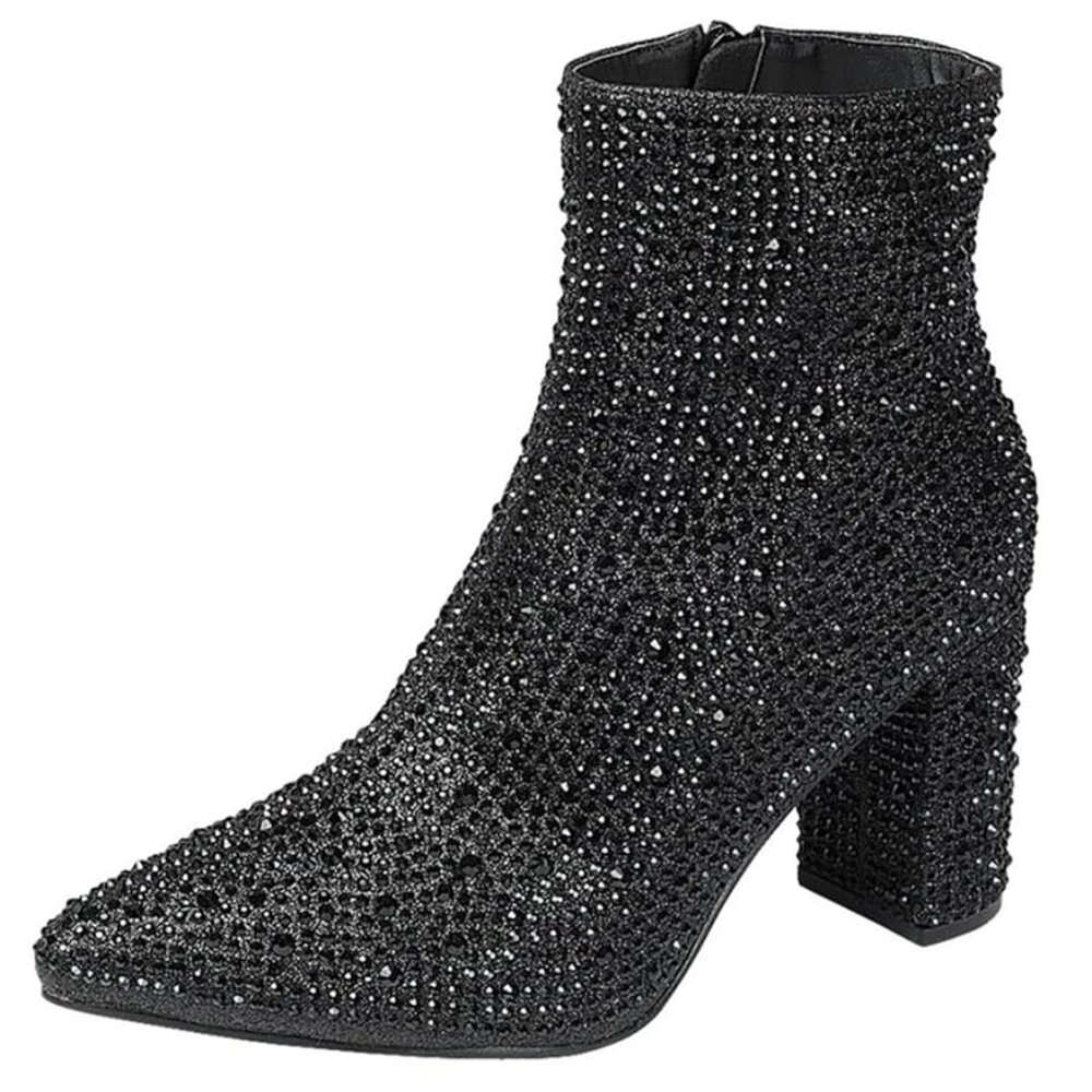 Forever Pointed Toe Black Jeweled Rhinestone Crystal Ankle Booties Boots NIB 7.5